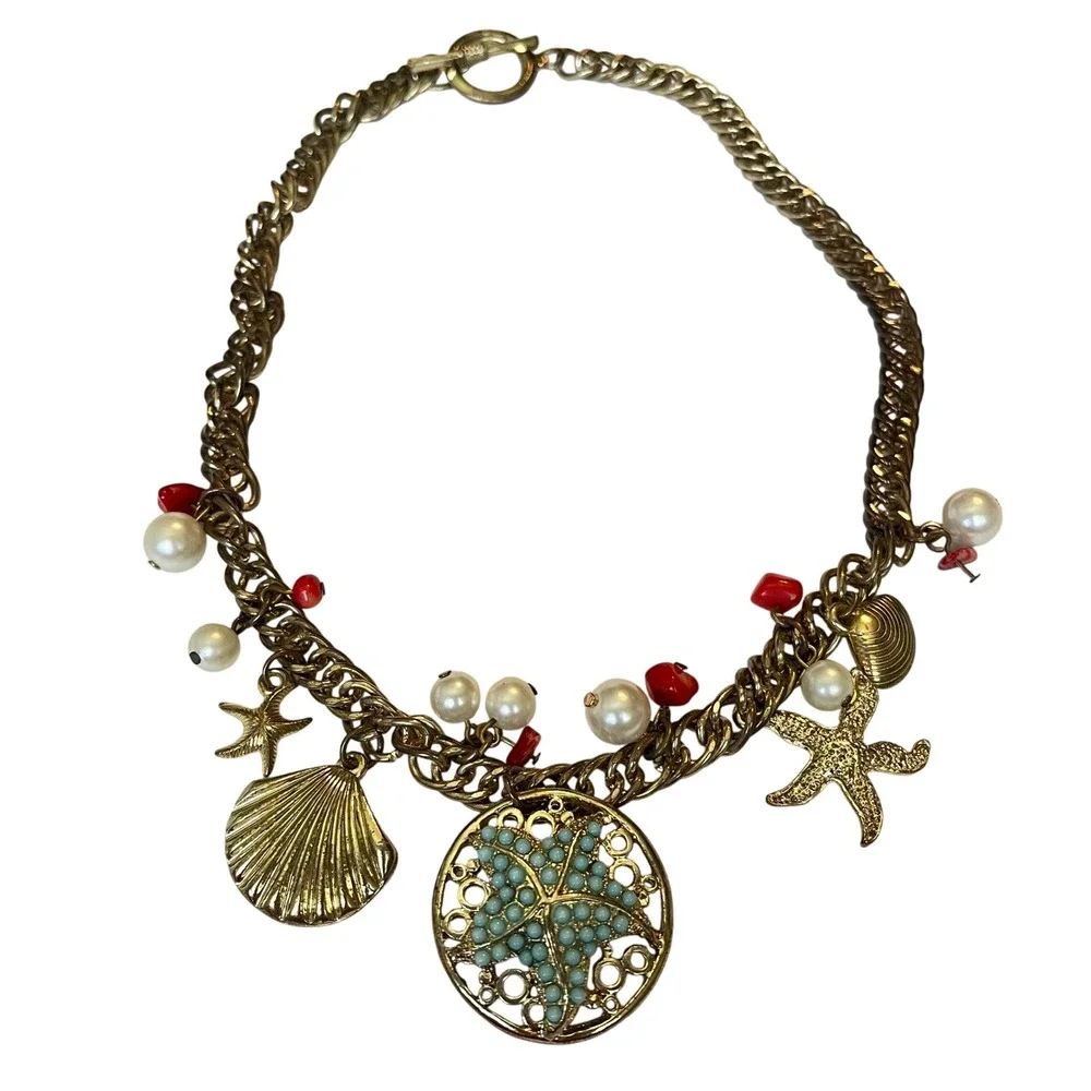 Vintage Charm Necklace Bracelet‎ Set Gold Shell Starfish Pearl Red Bead Coastal